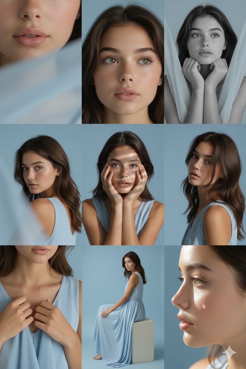 Create a 3x3 grid of studio portraits in soft pastel blue and pink-blue tones, featuring a character whose facial features match the uploaded image and a light blue sleeveless dress. Includes macro details, B&W portrait, close-up crops, seated half-body, and a profile highlight shot with an airy RAW editorial finish.