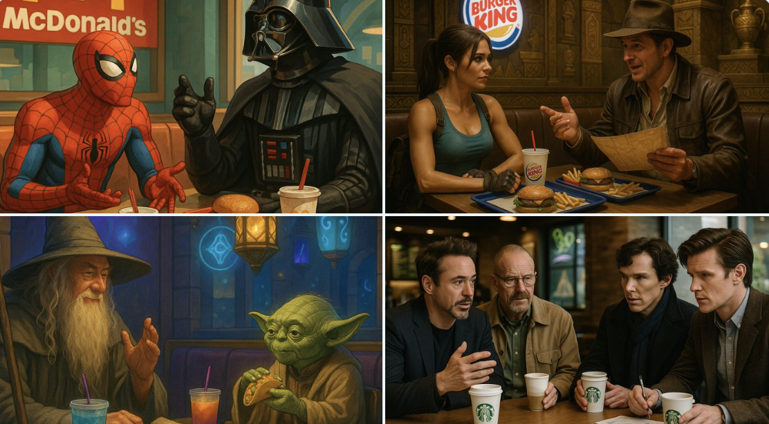 Create a relaxed, light-hearted scene of two characters chatting at a table inside a fast food brand restaurant, with trays of food and drinks. The moment should feel casual, amusing, or thoughtfully deep.