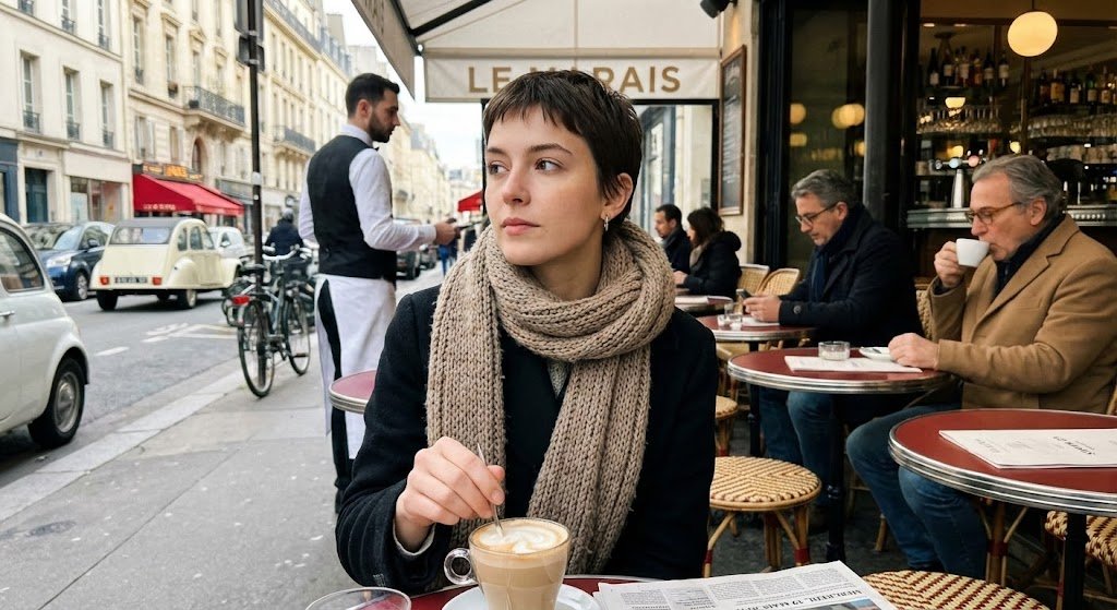 Create a candid, iPhone-style photorealistic scene of a cafe terrace in Paris’s Marais on a clear, crisp Wednesday morning in March 2025, with a sharply focused subject and softly blurred street activity behind.