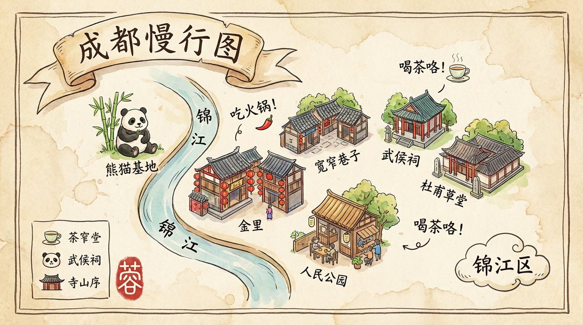 A charming, highly detailed hand-drawn travel map of Chengdu in an isometric, storybook artbook style, painted with soft watercolor and confident ink lines on textured aged parchment. Features seamless handwritten Chinese calligraphy labels, curved river text, playful annotations, a hand-drawn legend, and a red seal stamp.