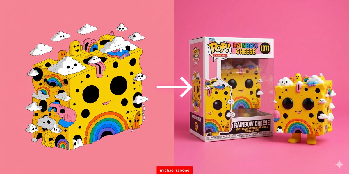 Transform a cartoon into a Funko Pop-style vinyl figure and display it beside a matching Funko Pop box labeled “Rainbow Cheese” on a pink surface with a pink background under studio lighting.