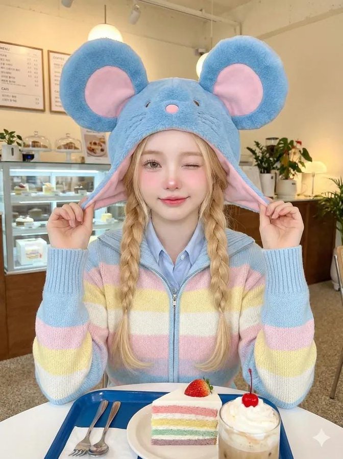 A high-quality portrait photo of a young girl in a bright, minimalist café, shot with soft flash for a clean pastel kawaii look. She wears an oversized blue plush mouse hat and a pastel striped knit cardigan, posing playfully with a wink beside pastel desserts.