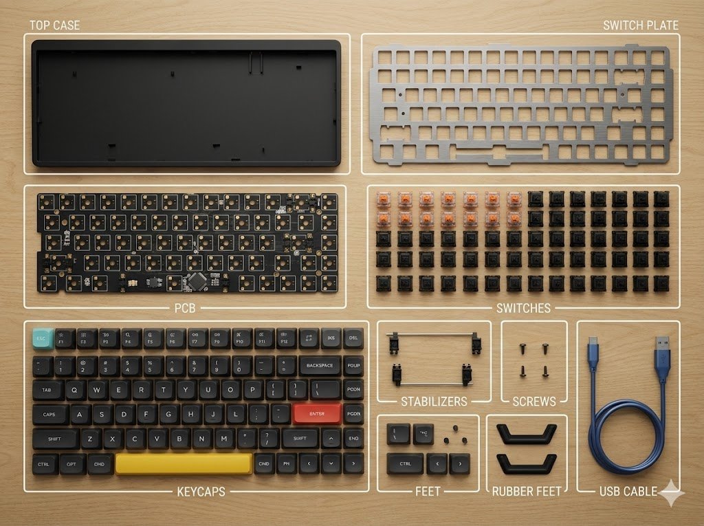Create an ultra-realistic 8K top-down flat-lay photo of a user-provided object, fully disassembled and arranged in a strict knolling grid or radial layout with clean English labels.