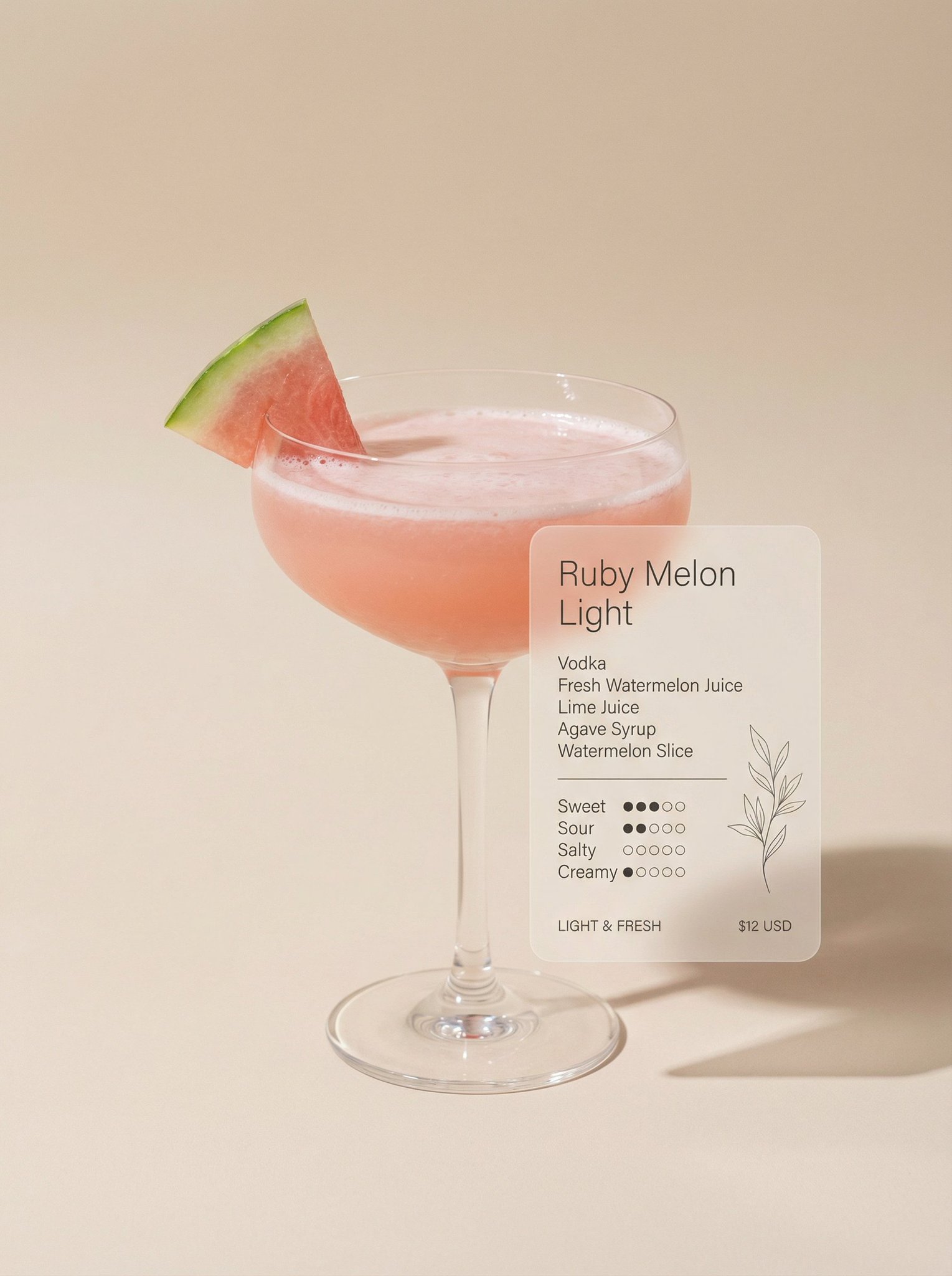 Create an ultra-minimalist cocktail photograph on a soft beige backdrop featuring a centered coupe/champagne glass and a floating frosted acrylic information card on the right. The scene uses diffused natural light, subtle right-side shadowing, thin sans-serif typography, and 8K ultra-realistic clarity.