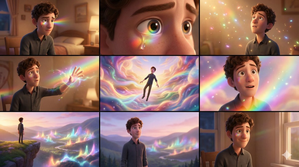 Generate a cohesive 3x3 grid storyboard of 9 high-end music video stills in a Pixar-inspired mood, synthesized from multiple uploaded images with strict consistency in subject, lighting, and environment.