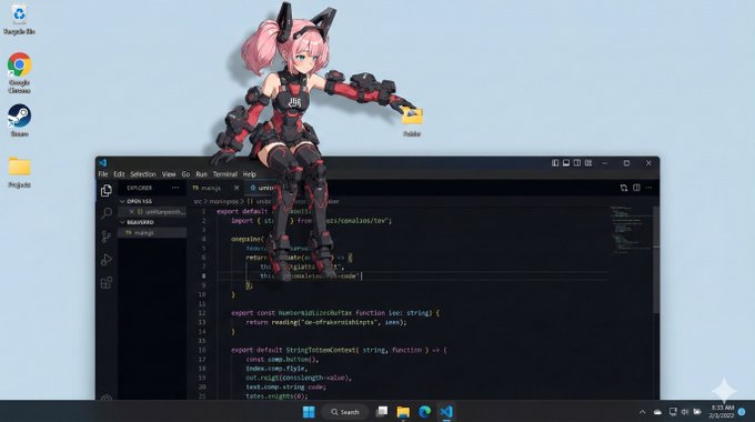 Create a realistic 16:9 computer desktop with authentic Windows 11 or macOS Sonoma UI, composited with a semi-3D anime-shaded mascot character from reference A interacting playfully with windows and icons.