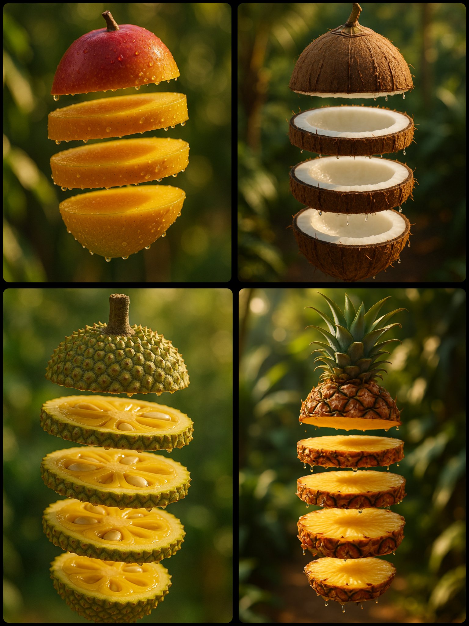 Create a hyper-realistic, golden-hour photograph of a fruit sliced into five glossy floating layers with glistening juice droplets and soft natural shadows, set against a softly blurred tropical garden background.
