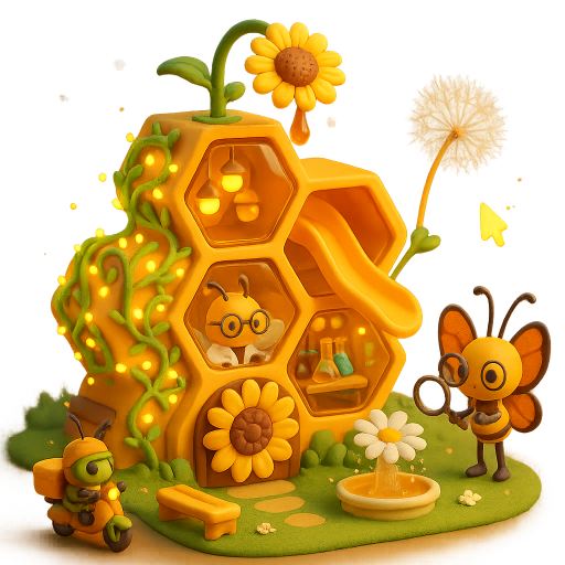 A surreal 3D chibi mini-style insect science city built as a transparent beeswax honeycomb research base, glowing with amber light. Peek inside hive windows to see bee scientists at lab benches, while the garden bustles with beetle couriers and butterfly researchers among honey-themed fountains and benches.