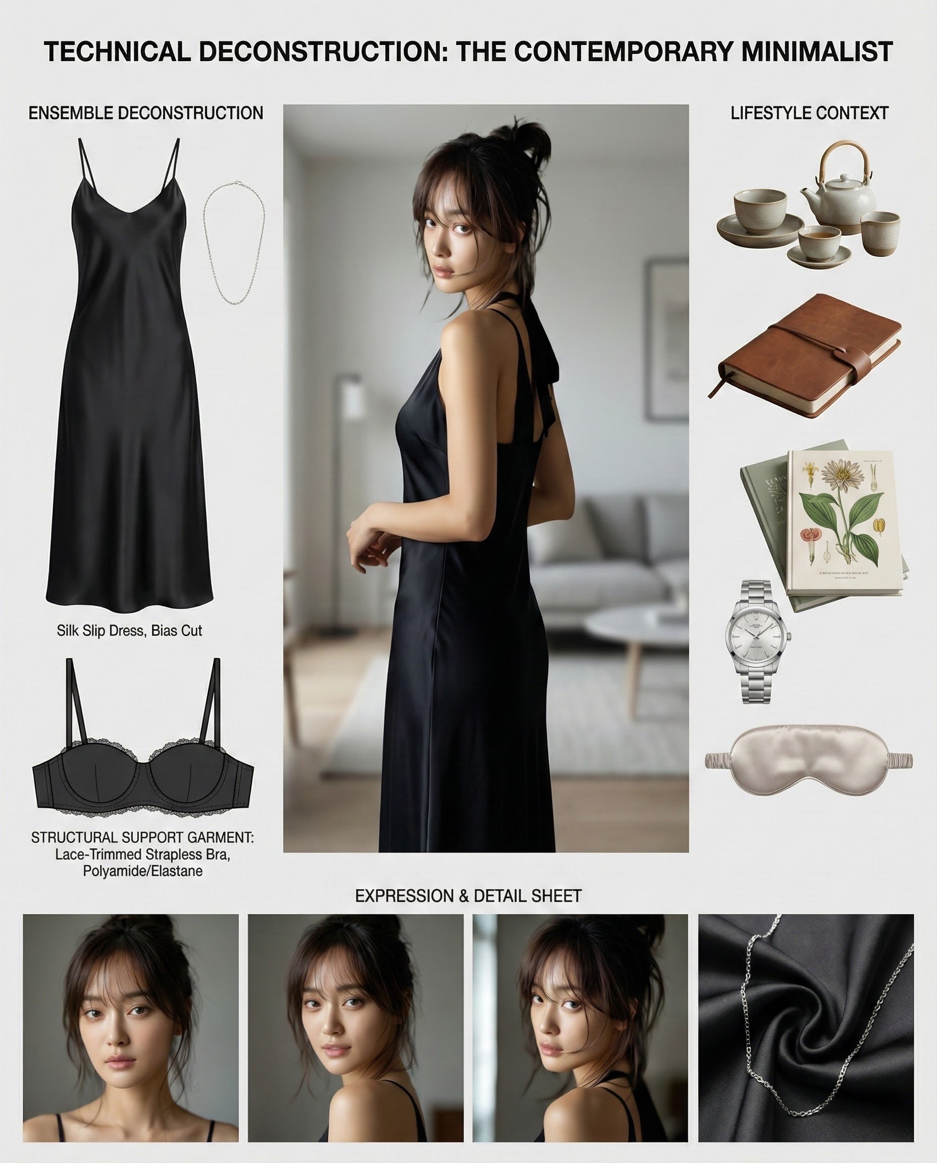 Create a single photorealistic, high-resolution collage that deconstructs an uploaded subject’s full outfit into labeled product shots, technical foundational-element schematics, lifestyle context items, and expression close-ups on a clean modular layout.