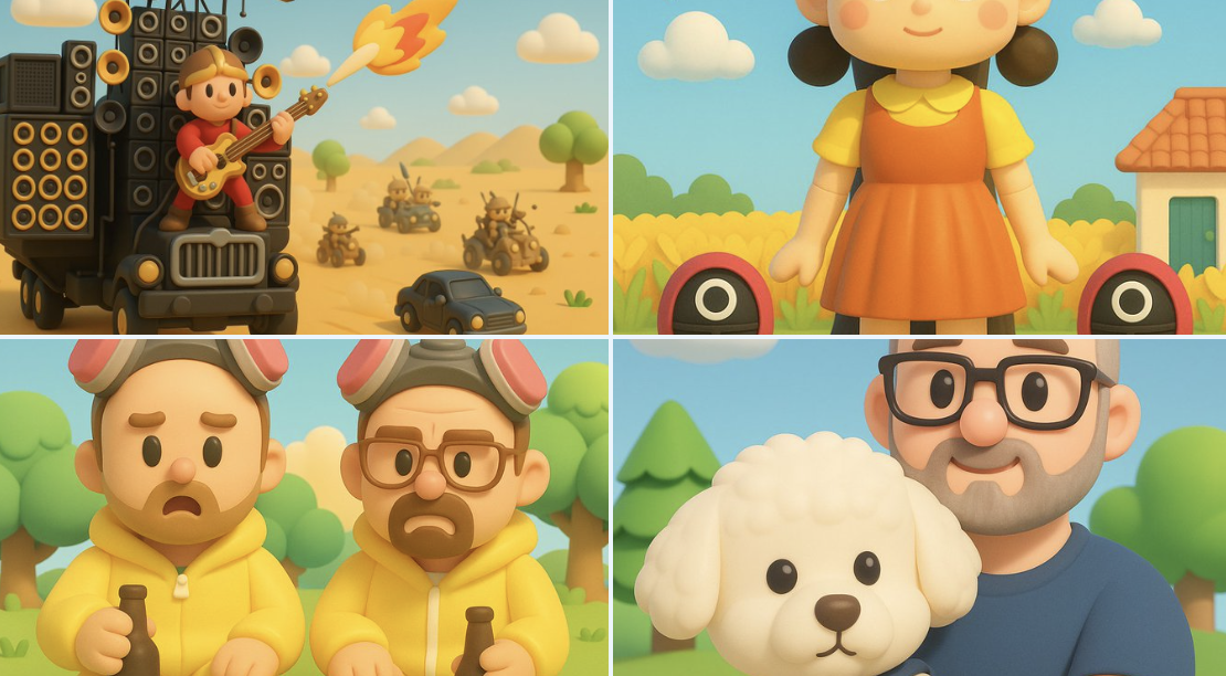 Transform an image into a bright, whimsical Nintendo-inspired 3D cartoon illustration with soft, rounded toy-like geometry, matte clay/vinyl textures, and a cheerful family-friendly fantasy-adventure tone.