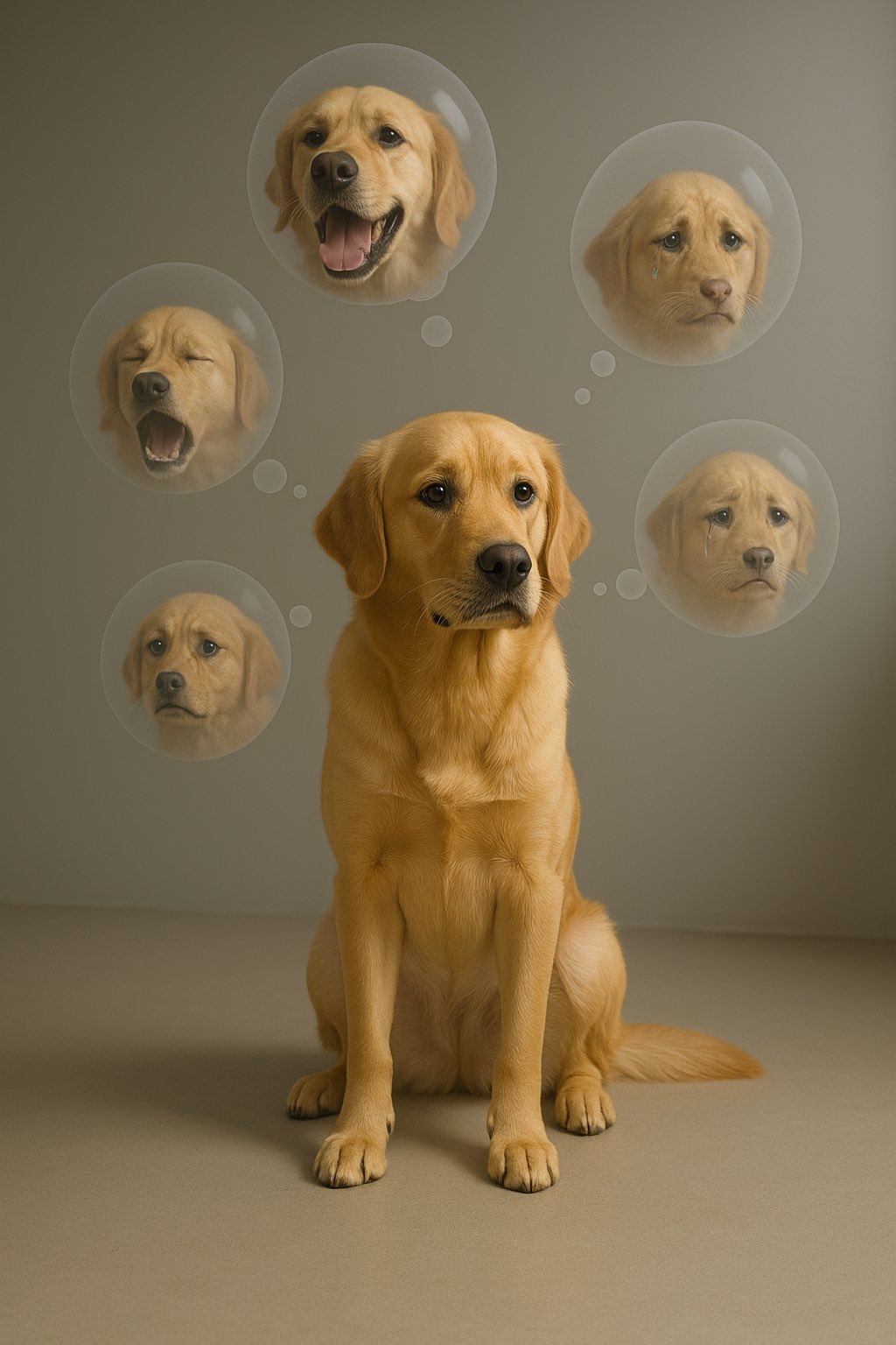 A solitary subject sits in a minimalist interior as semi-transparent thought bubbles float around them, each revealing facial fragments from different emotional states to form a suspended psychological portrait.