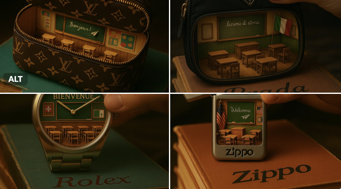 A cinematic, realistic photo of a vintage {{BRAND_NAME}} item lifted from dusty children’s books, opening into a warmly lit miniature classroom inspired by {{COUNTRY}} school interiors with handwritten {{LANGUAGE}} details.