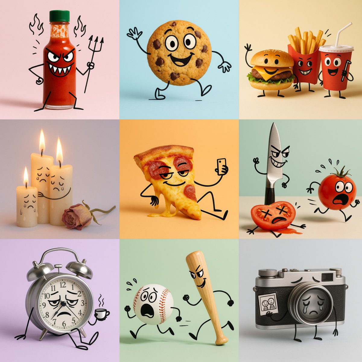 Create a realistic 3D product-photo style scene where the subject stays three-dimensional but becomes an expressive cartoon character through hand-drawn black doodle lines. The setup is a clean minimal studio with soft, even lighting and a solid pastel background in a 1:1 frame.