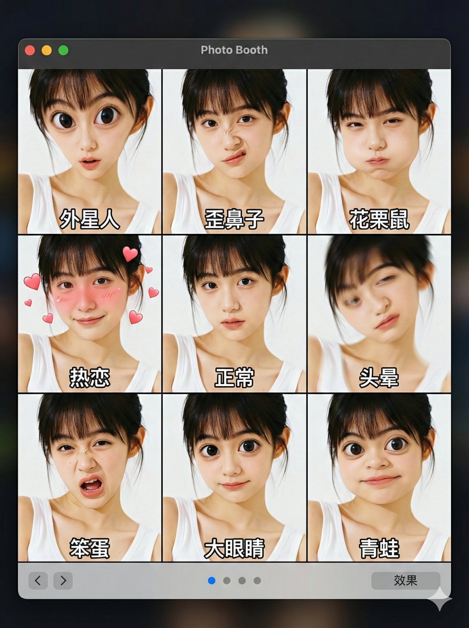 A full MacOS Photo Booth application interface screenshot featuring a 9-grid of the same user-uploaded portrait, each tile displaying a different humorous effect with Chinese subtitles and the standard bottom control bar.