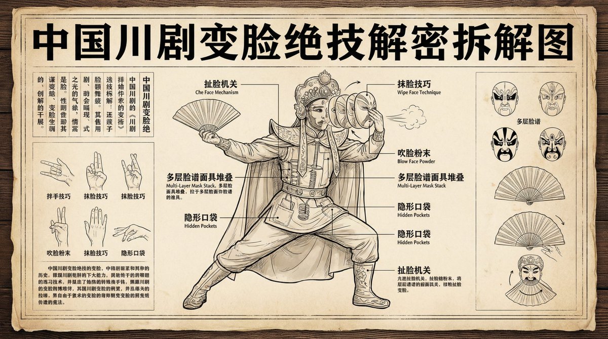 Create a揭秘-style deconstruction diagram explaining the Sichuan Opera face-changing technique, with undistorted Chinese typography and a 16:9 layout.