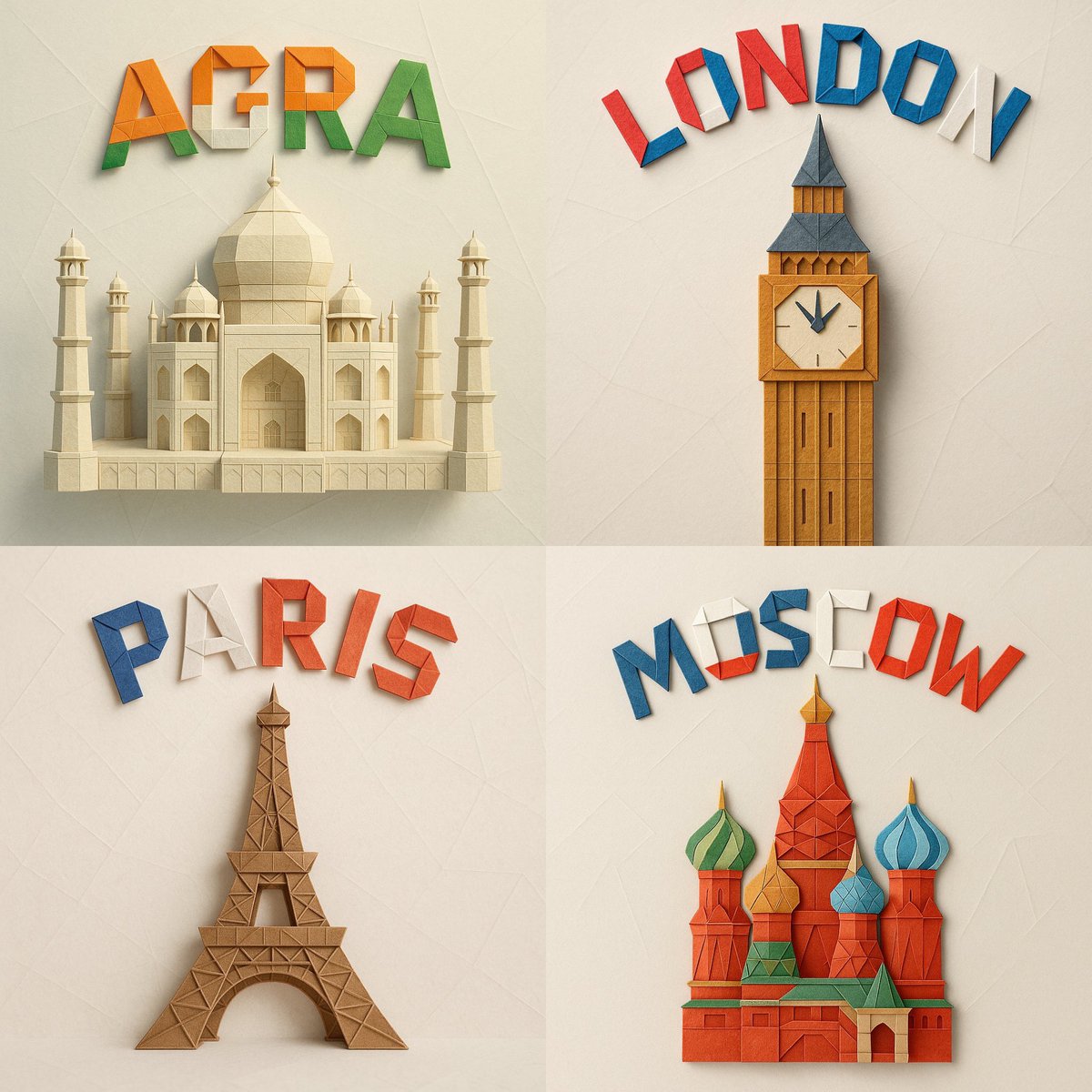 A square 1:1 digital photograph featuring a handcrafted, textured paper origami model of a landmark with the city name folded above in a bold arched arrangement. Clean minimalist styling, soft pastel/neutral background, and diffused lighting emphasize crisp folds and realistic paper texture.