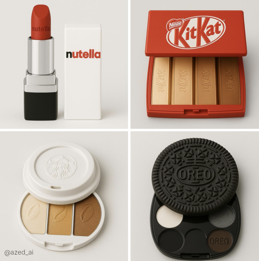Create a modern, luxury product photography shot of a sleek, glossy makeup item inspired by a specific food brand. The scene features a soft light gray background, soft studio lighting, and packaging that includes the official food brand logo and matching colors.