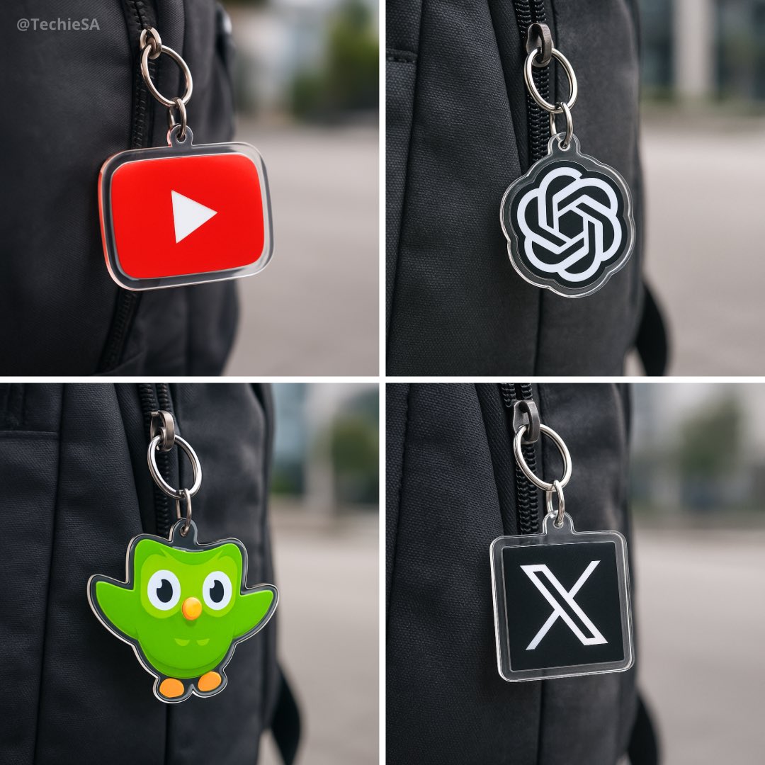 Create a photorealistic 1080x1080 square image of a custom clear glossy acrylic keychain featuring the logo, clipped to a dark backpack zipper with a silver ring and clasp, shot in soft diffused daylight with a blurred modern outdoor background.