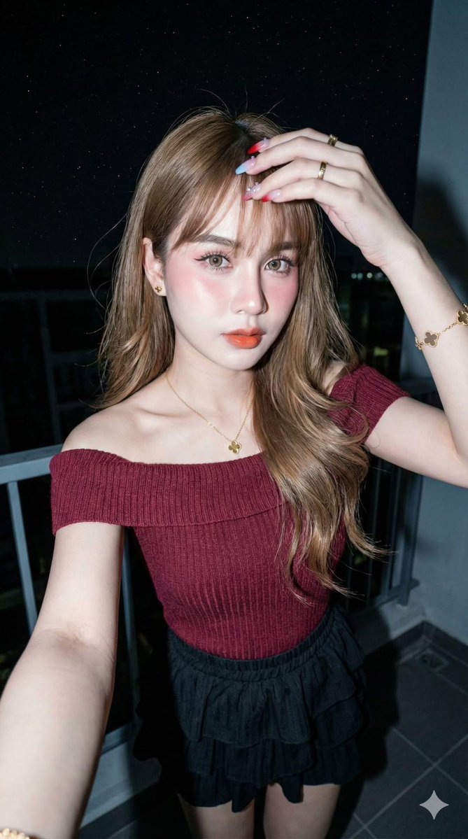 A hyper-realistic, sweet-faced woman in her mid-20s poses on a home balcony under a starry night sky, captured with a bright direct camera flash for a raw, sharp night-photography look. Detailed styling includes light-brown wavy hair with bangs, gold clover jewelry, gradient glitter nails, and a maroon knit top with a layered black ruffle mini skirt.