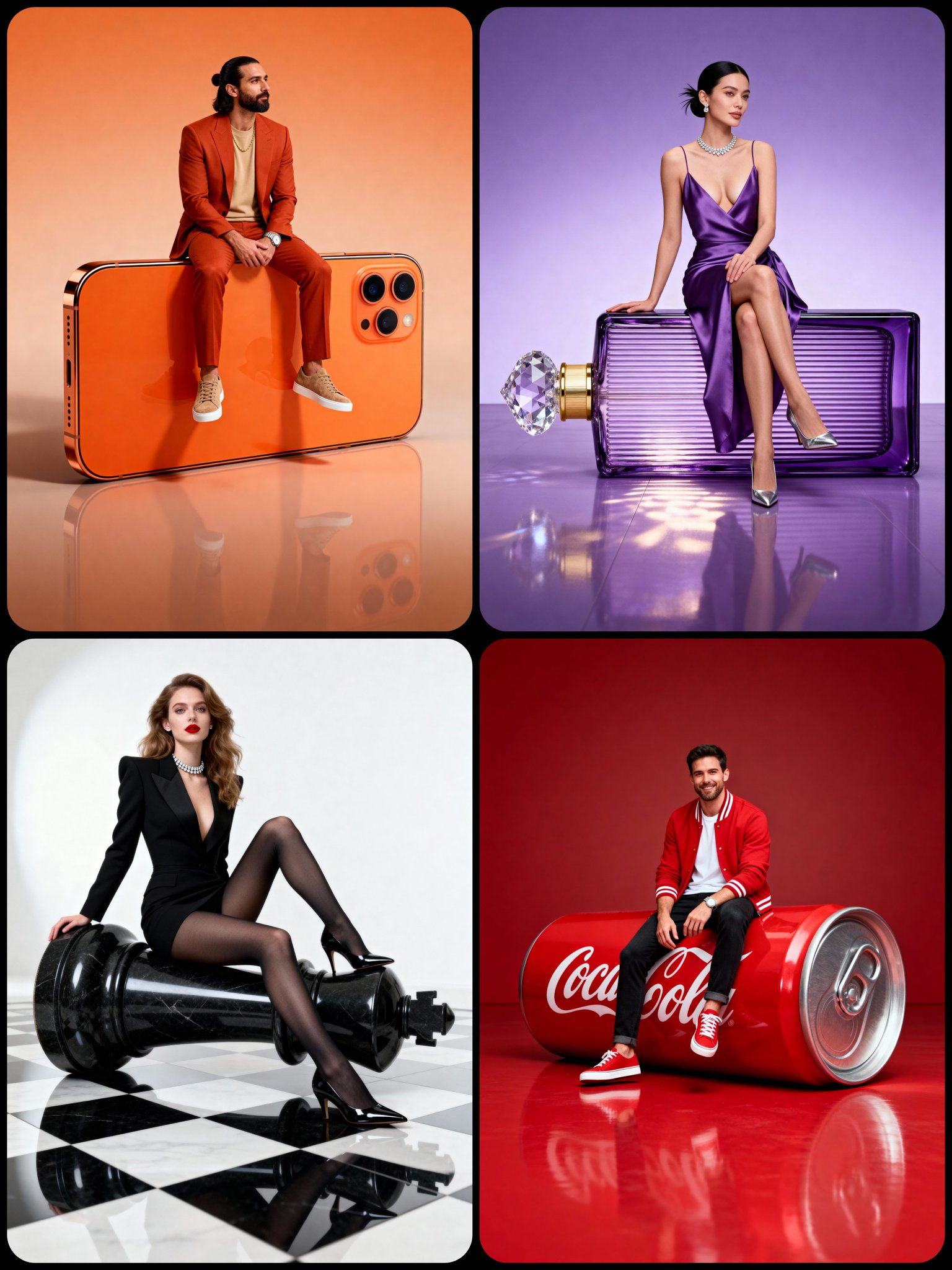 Create a full-body hyper-realistic studio portrait of a character seated gracefully on an oversized realistic object, set against a seamless minimal background with clean professional lighting.