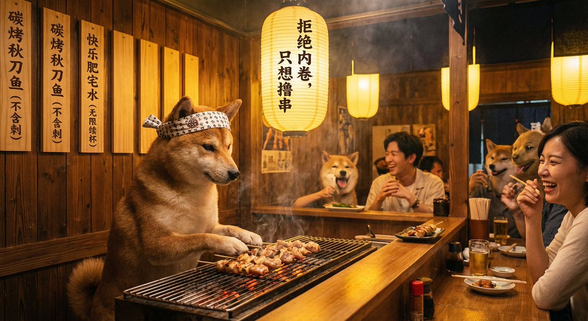 A cozy Japanese izakaya scene under warm yellow lighting, where a headband-wearing Shiba Inu owner grills skewers with focus. Lantern and menu board jokes in Chinese add playful charm to the bar setting.