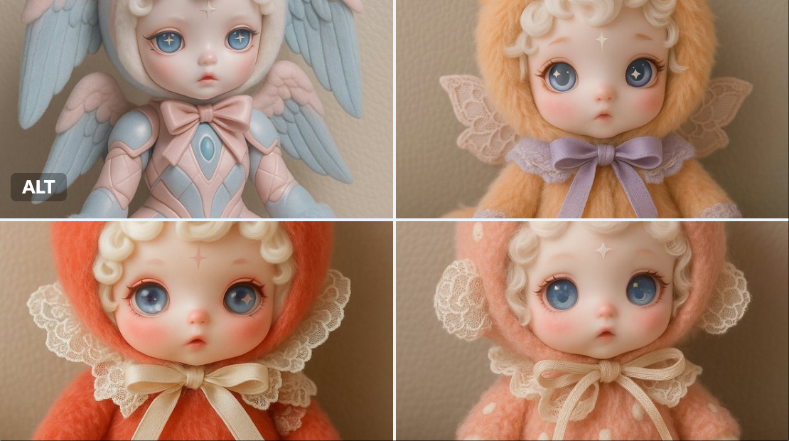 A highly detailed Korean collectible art doll with a porcelain blush face, curly white hair, and star-and-moon pupils, dressed in a fluffy pastel costume themed to a chosen subject. Set against a neutral beige background with dreamy, soft lighting for a whimsical fashion character look.