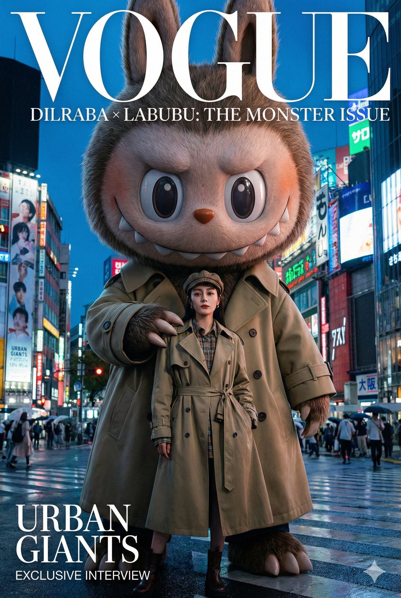 Create a 4K horizontal luxury editorial double-page spread blending retro street photography grain with surreal hyperreal couture, featuring Dilraba Dilmurat and a lifelike Pop Mart Labubu in a neon city crossing at golden hour.