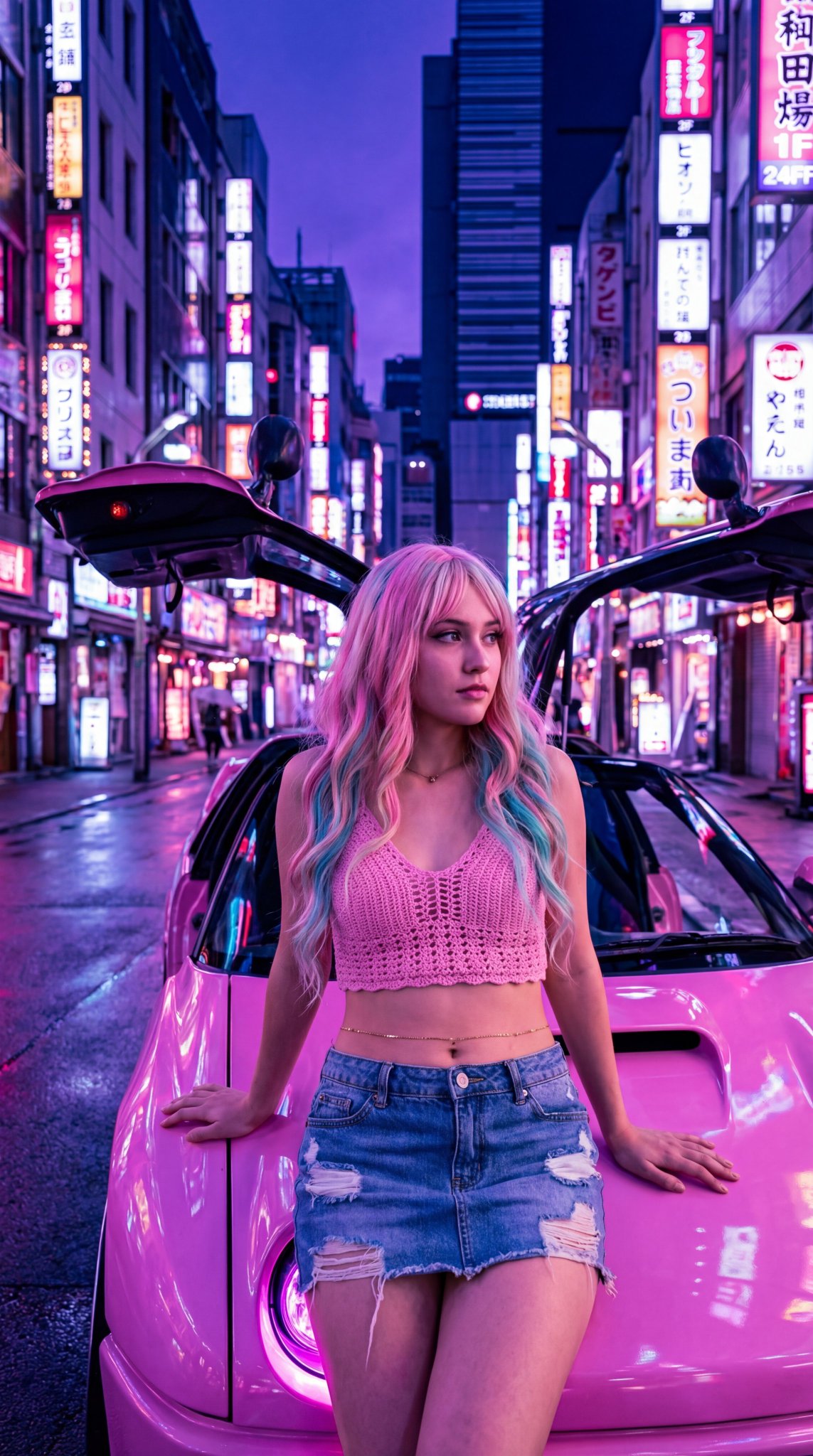 A cyberpunk Tokyo nightlife editorial featuring a full-body, low-angle portrait of a cool young woman leaning against a modified pink sports car amid endless neon billboards. Shot with 85mm portrait photography at f/1.8 with soft facial light and dramatic shadows in pink, purple, and midnight-blue tones.