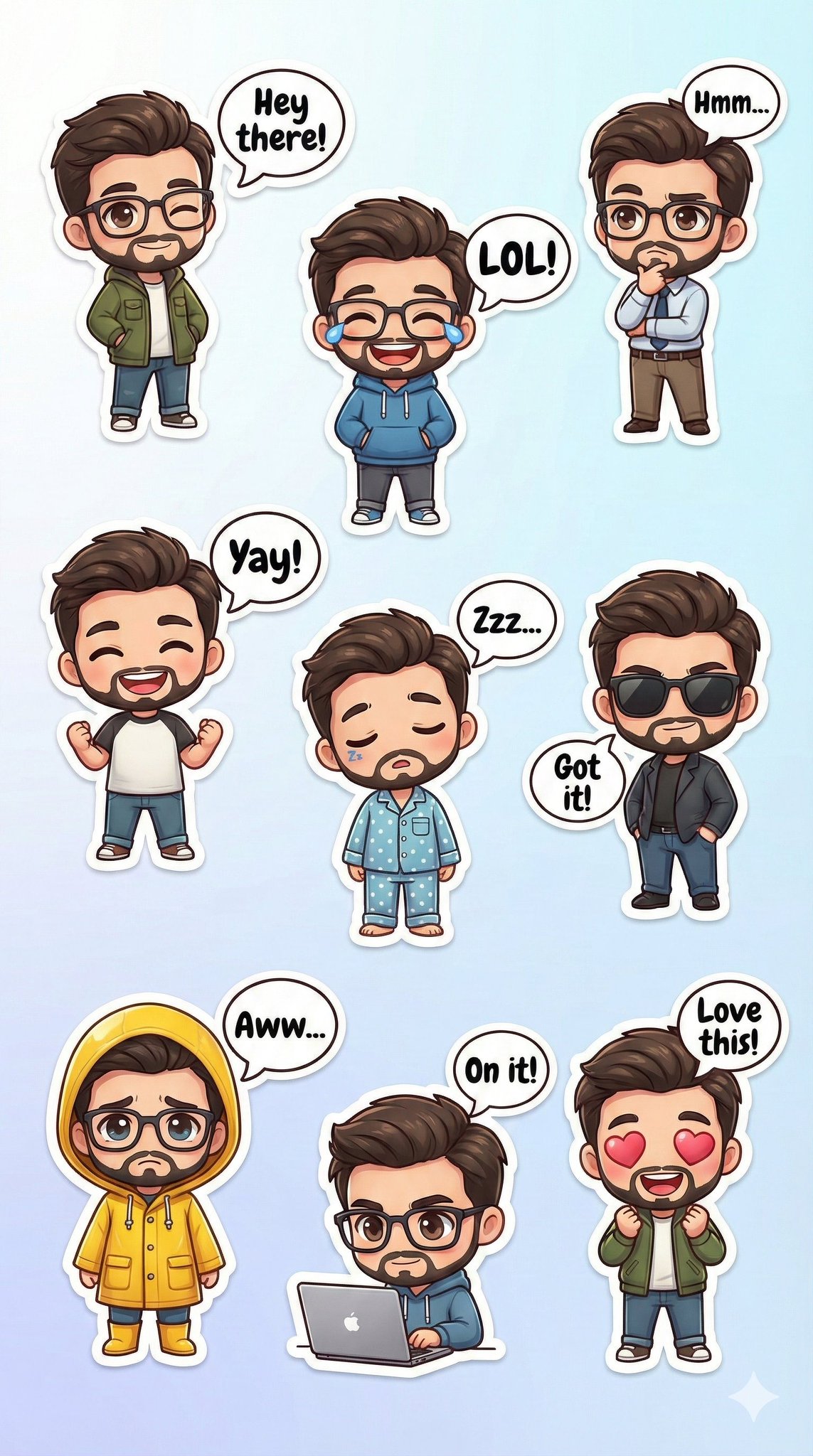 Generate a 9:16 3D kawaii canvas with nine chibi-style stickers in different outfits, poses, and expressions, each framed with a white border and a speech bubble of common phrases. Uses a soft white-to-pastel blue gradient background and a reference image for the character look.