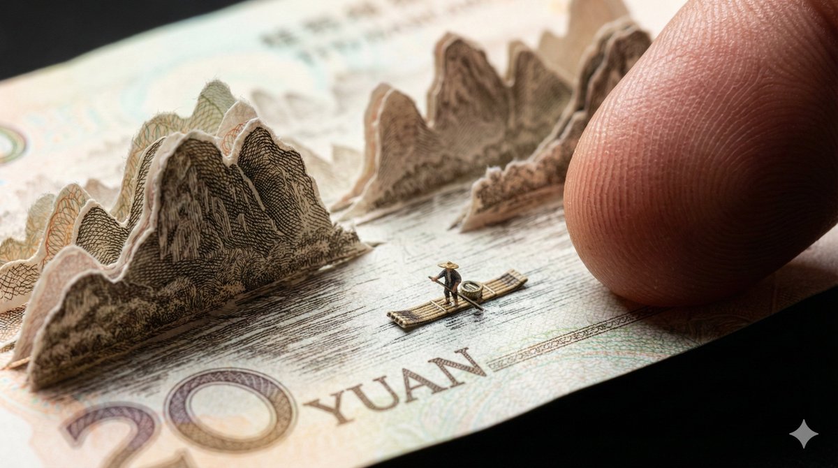 A hyper-realistic macro photo prompt of a genuine Chinese 20 Yuan note featuring razor-thin paper-cut karst scenery, intaglio linework, and a miniature bamboo raft, with a giant finger for scale.