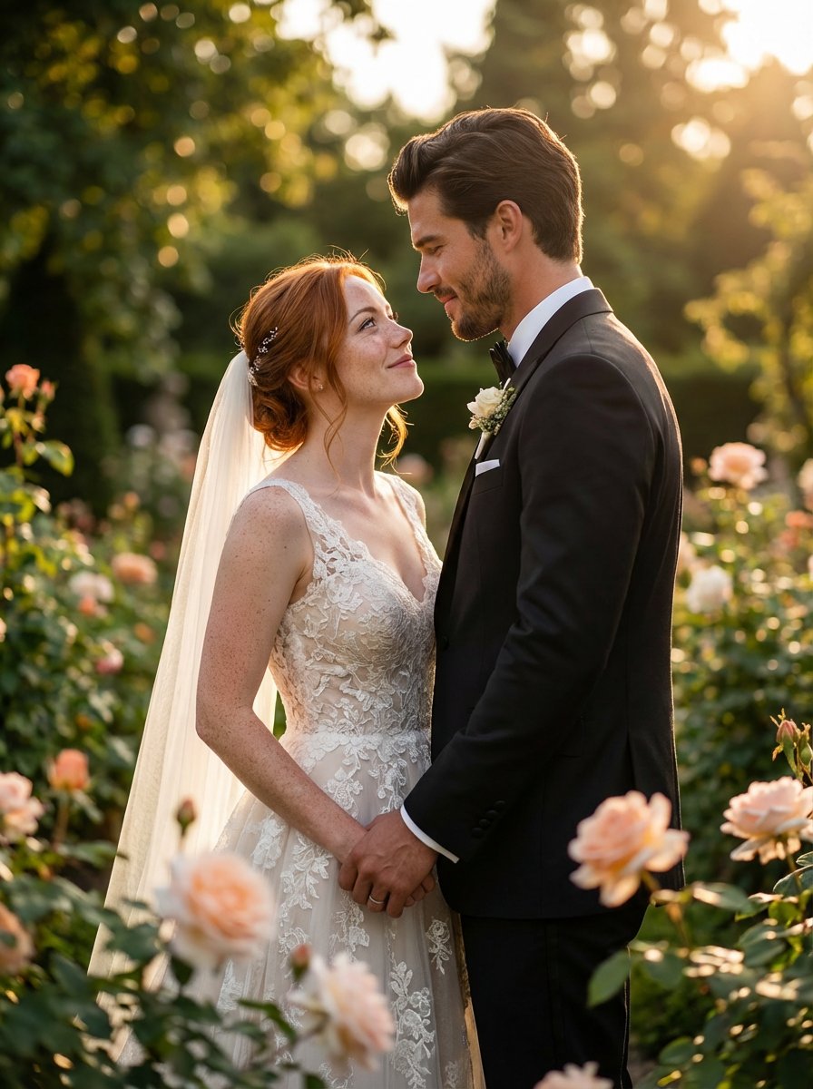 Create an ultra-realistic, high-end wedding photo of a bride and groom standing closely together in a rose-filled garden ceremony at golden hour, with cinematic rim light and creamy bokeh. Designed for magazine-cover fine-art wedding aesthetics with true-to-life skin tones and sharp facial detail.