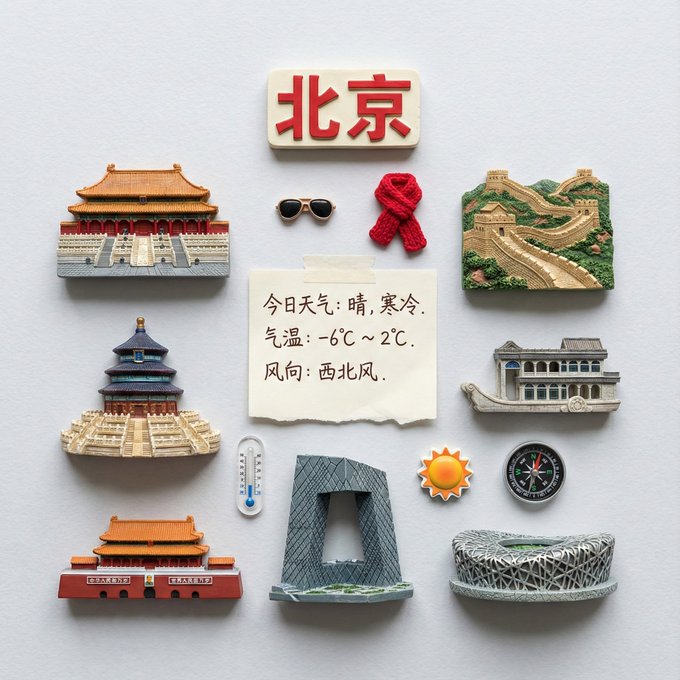 A top-down, square-format photograph of realistic miniature 3D souvenir magnets featuring Shanghai landmarks, precisely arranged in a clean knolling grid. Includes a Chinese city-name magnet, a handwritten Chinese post-it with today’s temperature and weather, and weather-appropriate miniature items with no repeated objects.