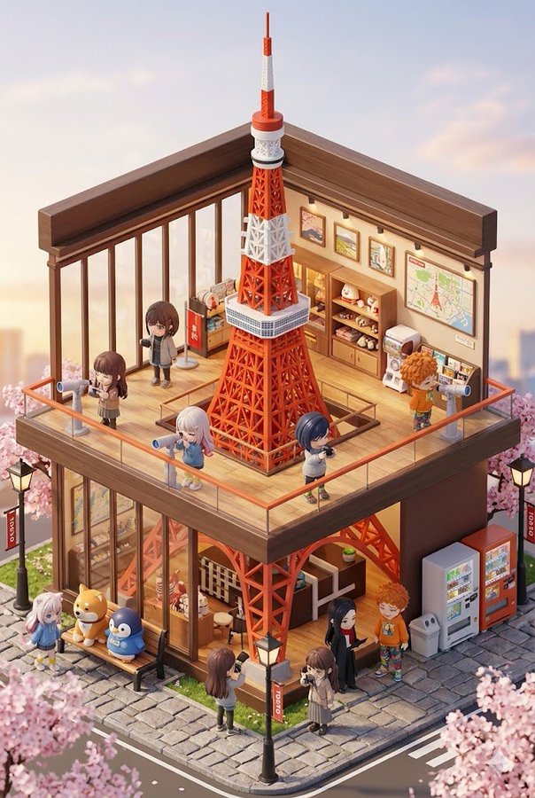 A 3D chibi miniature travel concept scene themed around Mount Fuji, featuring a two-story observation deck and tourist information center built around a large iconic landmark. Warm themed lighting, toy-like micro details, and bustling guides and tourists create a leisurely afternoon journey mood.