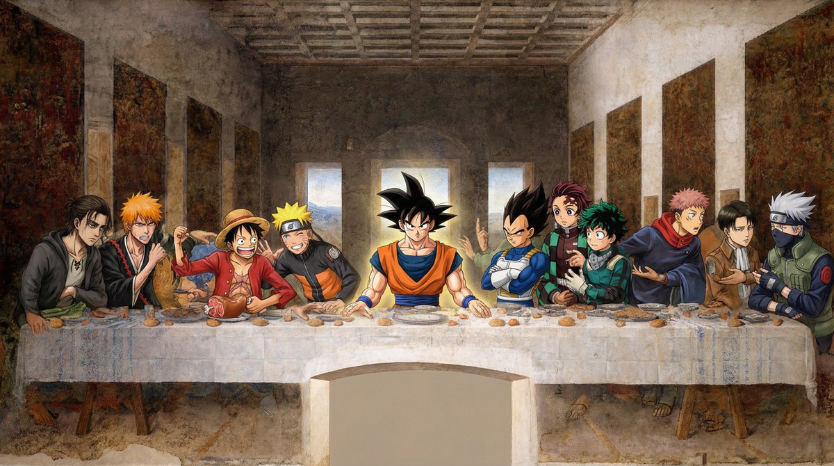 Recreate the composition of Leonardo da Vinci’s The Last Supper with iconic manga and anime characters seated at the long table, featuring Goku at the center as Jesus with a subtle Saiyan glow. Keep Renaissance lighting, painterly fresco textures, and classical depth while using vibrant anime-style character designs and dramatic interactions.