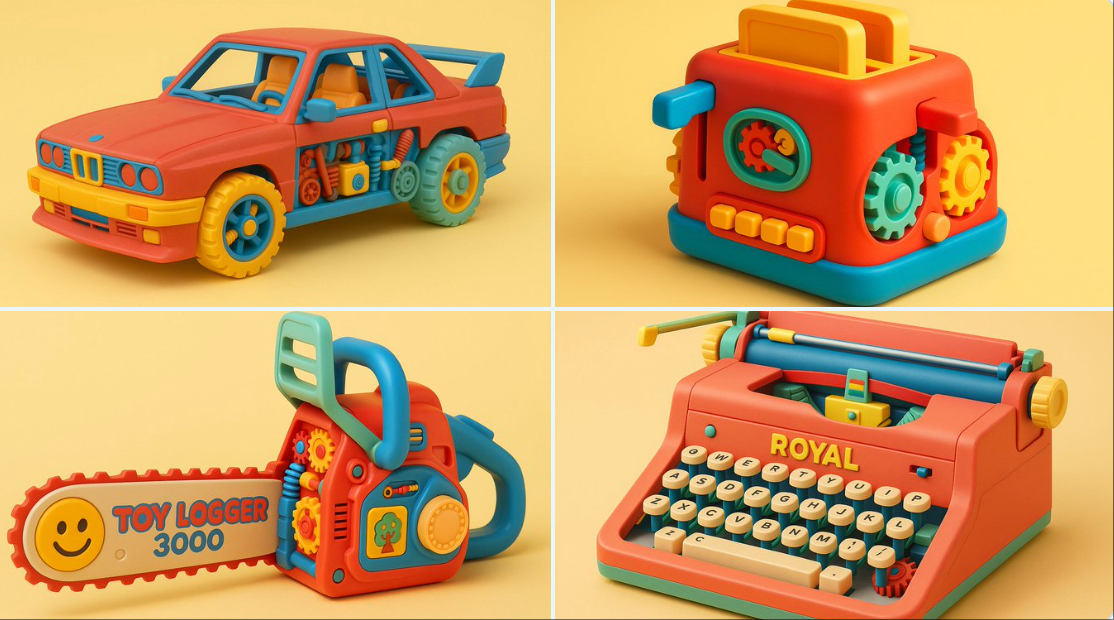 Retexture a user-uploaded image into a playful 1980s retro toy look with matte injection-molded plastic, colorful internal parts, and warm studio soft lighting on a solid pastel yellow background.