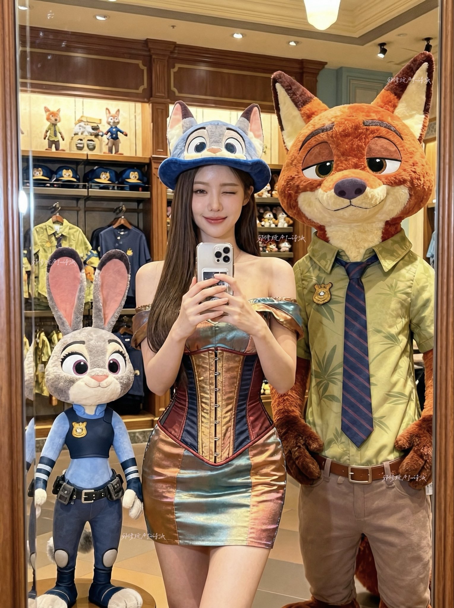 A photorealistic POV selfie of a playful young woman winking while wearing a futuristic metallic silver corset dress and a fluffy Judy Hopps rabbit-ear hat inside a lively Zootopia official merchandise shop filled with Judy and Nick plush toys.