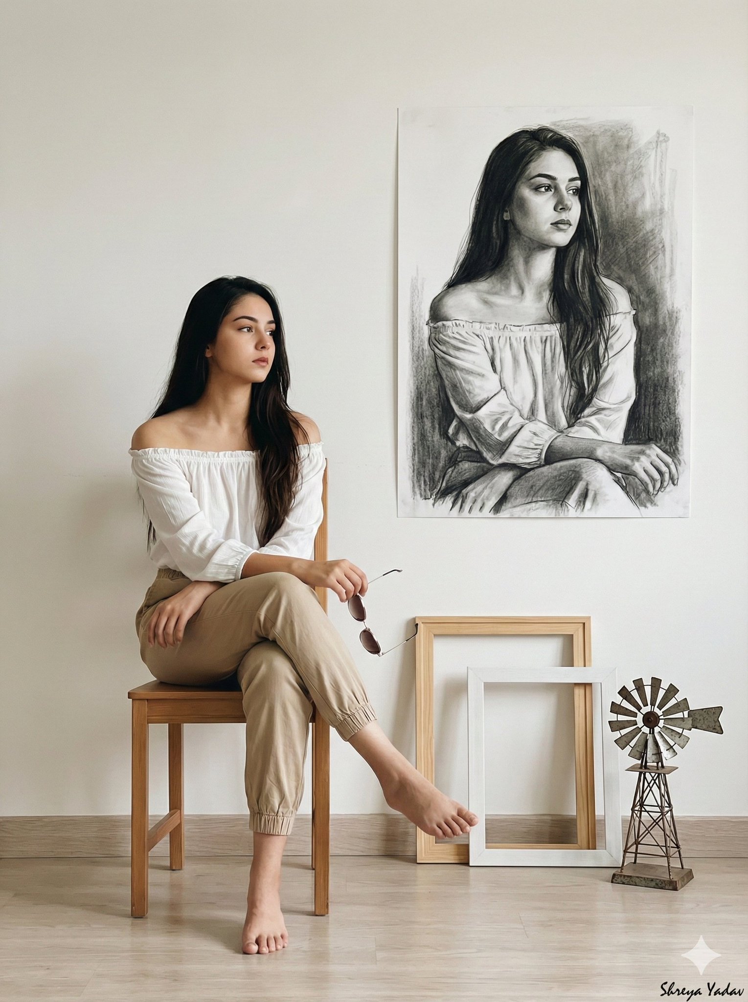 An ultra-realistic art-scene photograph of a long-haired woman sitting barefoot and cross-legged on a simple wooden chair, gazing toward a dramatic black-and-white portrait of herself. Clean white walls, stacked empty frames, and a small rustic decorative object create a calm, contemplative gallery-like mood.