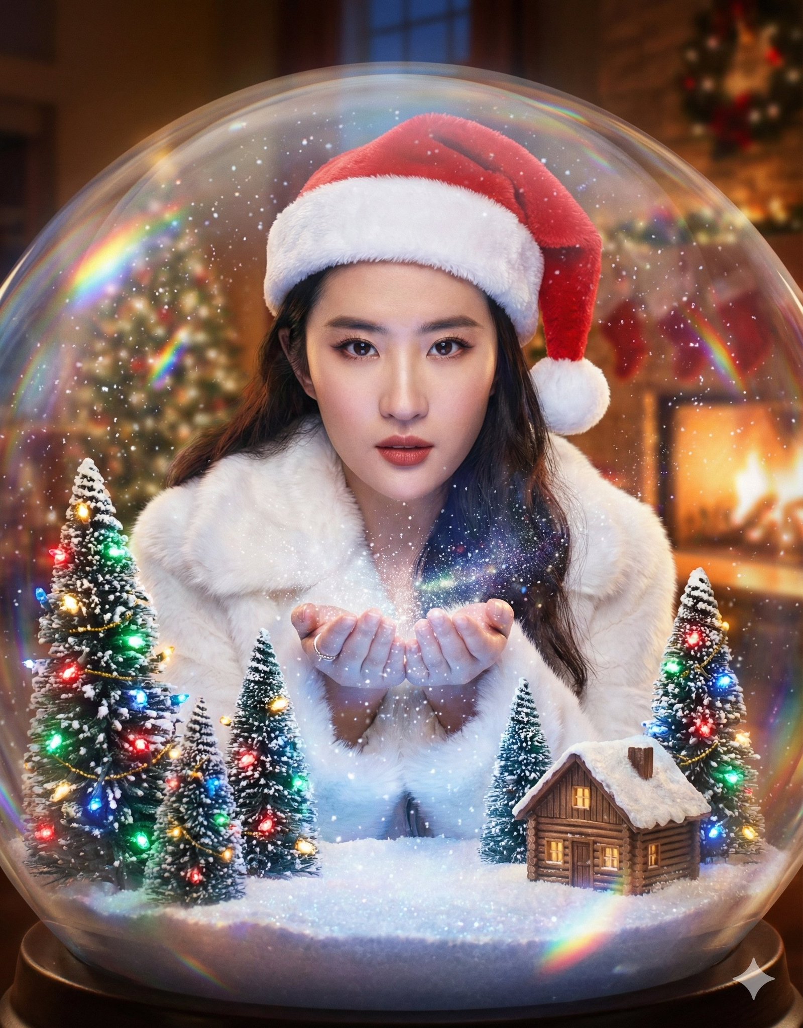 A surreal macro-style fantasy portrait of a character captured inside a life-sized glass snow globe, glowing with colorful Christmas lights and magical snowfall against a cozy living room background.