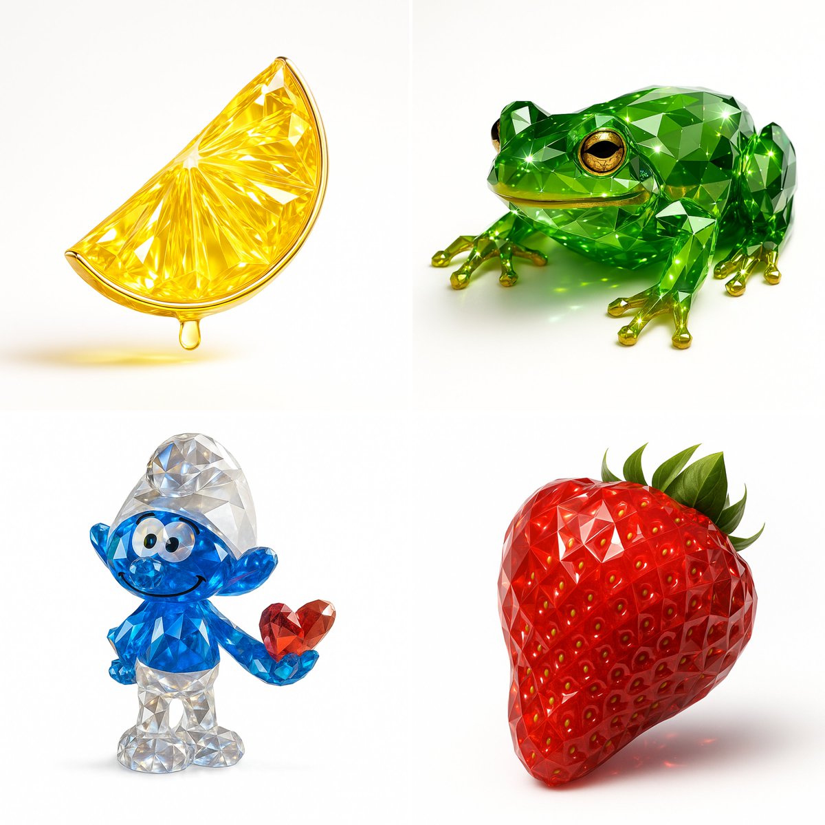 Create a photorealistic 3D render of a crystal or faceted gemstone with high clarity refraction, internal shimmer, and sharp specular reflections under studio lighting. Includes optional gold or chrome rim/stem edge detailing and subtle post-processing glow.