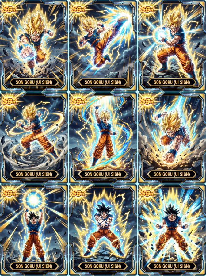 Create a 3x3 grid of nine premium Japanese-style trading cards featuring Son Goku in Super Saiyan form, each with a distinct battle scene, holographic foil texture, and futuristic UI-tech borders.