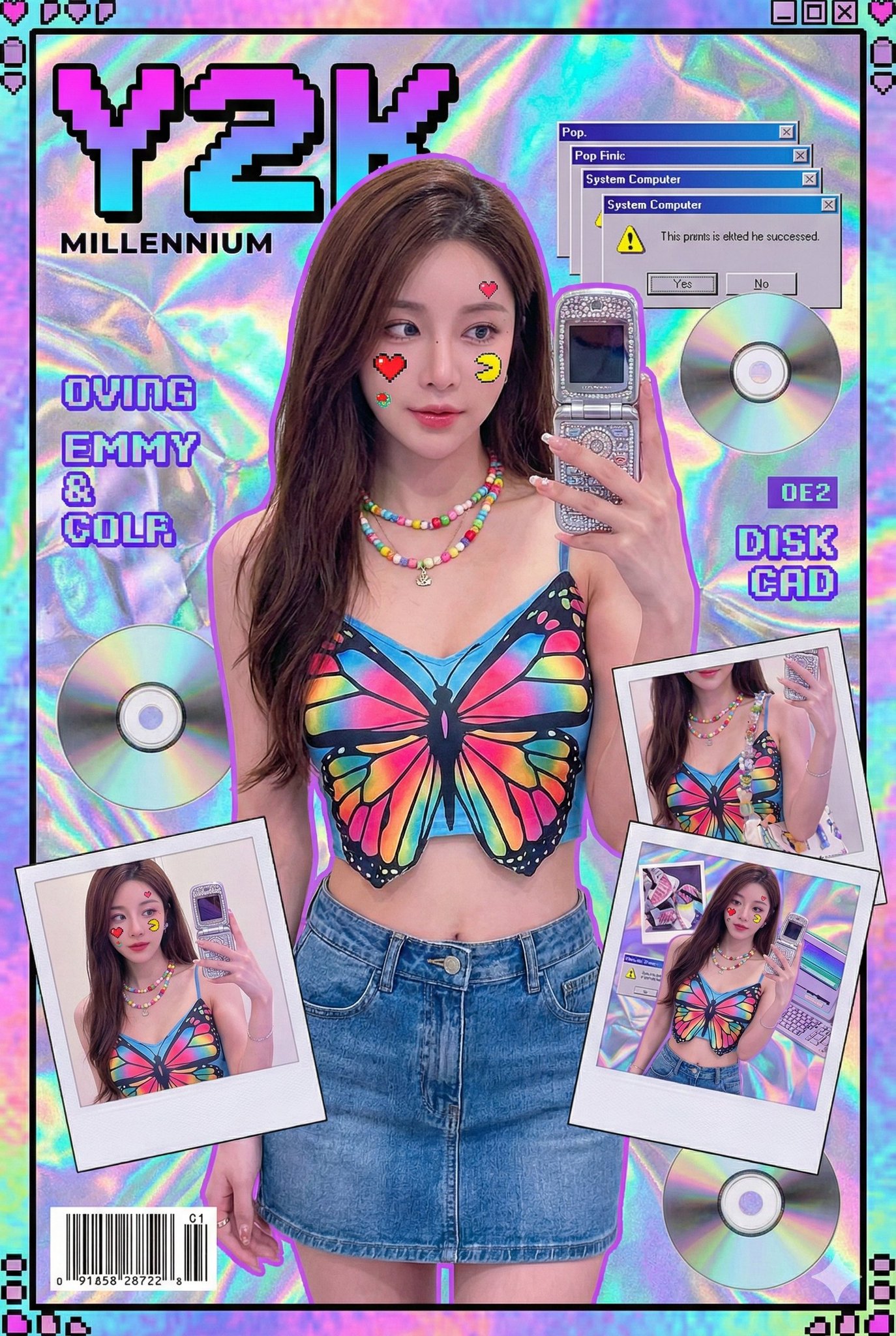 Create a high-saturation Y2K millennium fashion vertical collage featuring a model taking a selfie with a rhinestone flip phone, pixel-style face stickers, and a holographic background filled with CDs and retro pop-up windows.