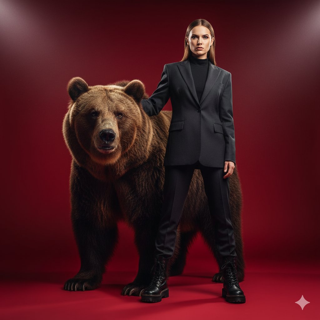 An ultra-detailed, Russian-style cinematic photo of a confident woman in a dark suit blazer and combat boots standing with a massive brown bear protector against a solid red backdrop. Dramatic directed lighting and minimalist staging create bold strength and high tension.