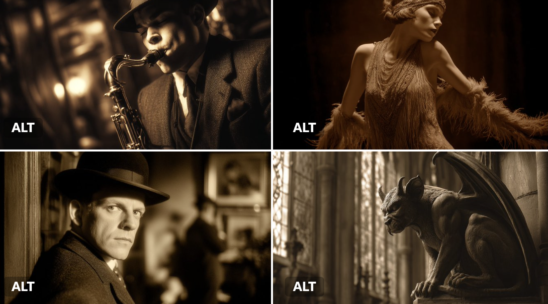 Create a dramatic, early-cinema silent film scene with nostalgic sepia toning. Use muted {{COLOR1}} and {{COLOR2}} sepia tones to reinforce the vintage atmosphere.