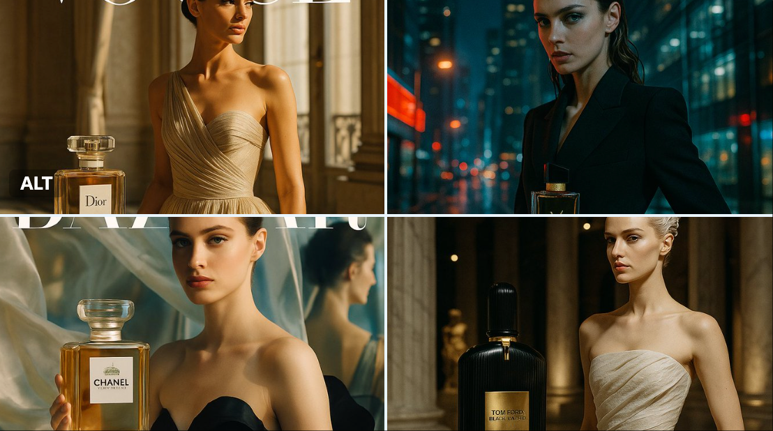 Create a hyper-realistic Vogue-style editorial scene for a collaboration between a perfume brand and a magazine, set in a sleek Parisian interior with golden afternoon light. A couture model poses beside a realistically sized perfume bottle on a marble pedestal with the logo clearly visible.