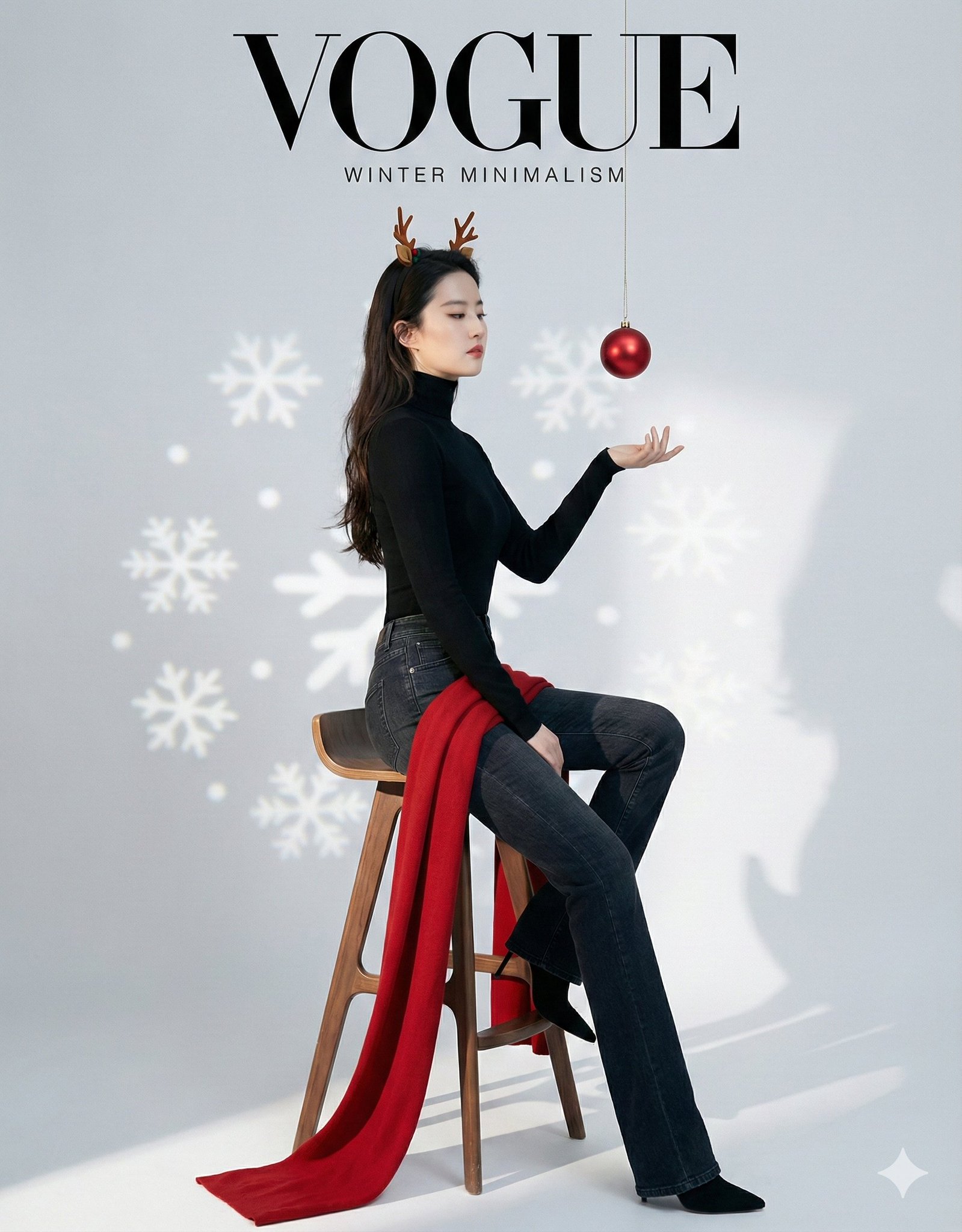 Create a Vogue/Elle-style minimalist magazine cover featuring a full-body studio portrait of the specific character seated on a tall stool, accented by a flowing red scarf and subtle reindeer antlers.