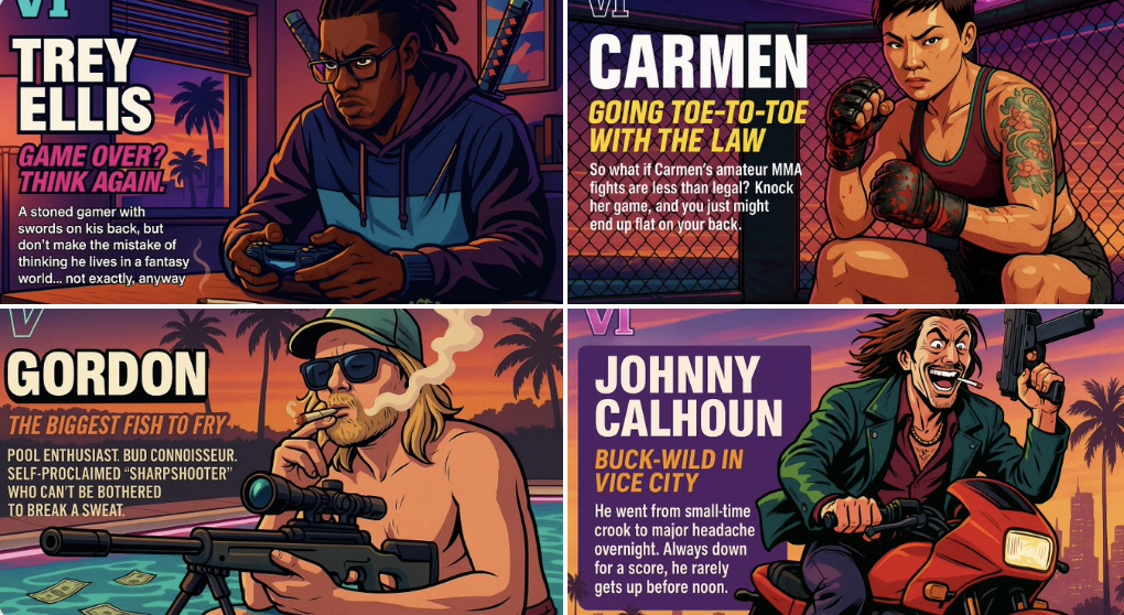 Generate a fictional GTA VI character sheet with official-style layout, neon Vice City sunset lighting, and a Rockstar-like ironic backstory. Customize archetype, look, outfit, action, and background for a polished in-game asset reveal.