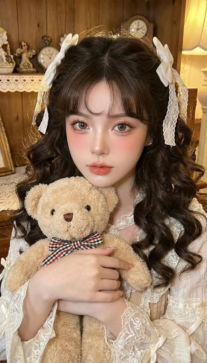 Edit a portrait into a warm, vintage dollcore look with porcelain-smooth pale skin, glossy large eyes, peach blush, and Lolita/Victorian lace styling—while keeping the face 100% authentic and recognizable.