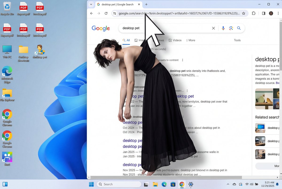 A photorealistic Windows 11 desktop screenshot where a white mouse cursor grips fabric to suspend a young woman behind her shoulders, hanging into Google Chrome search results. Clean modern OS lighting and UI detail heighten the surreal realism.