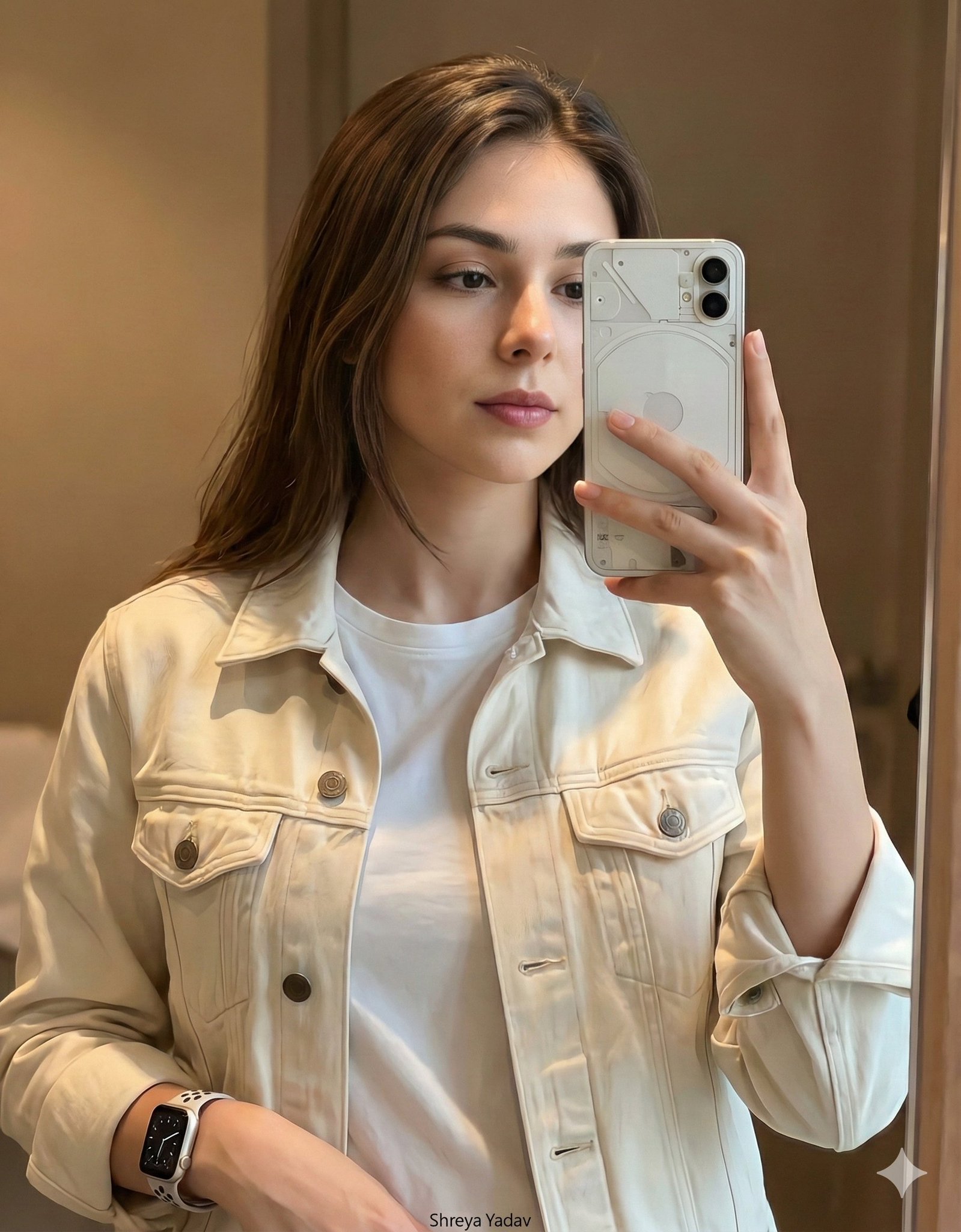 Create an ultrarealistic close-up mirror selfie of a young woman with long brown hair indoors, featuring soft warm lighting, a cream/off-white denim jacket over a white T-shirt, an Apple digital watch, and a White Nothing Phone (2) with a clearly visible transparent back design.