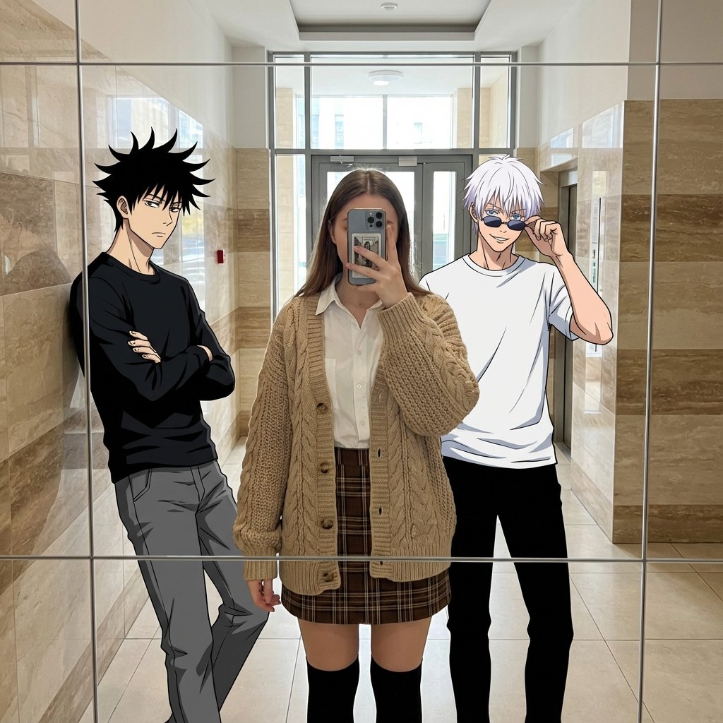 Create a vertical 3:4 mixed-media composite mirror selfie in a modern indoor hallway, featuring a photorealistic young woman in autumn academia fashion alongside two cel-shaded 2D anime males, emphasizing the contrast between real fabric textures and flat anime shading.